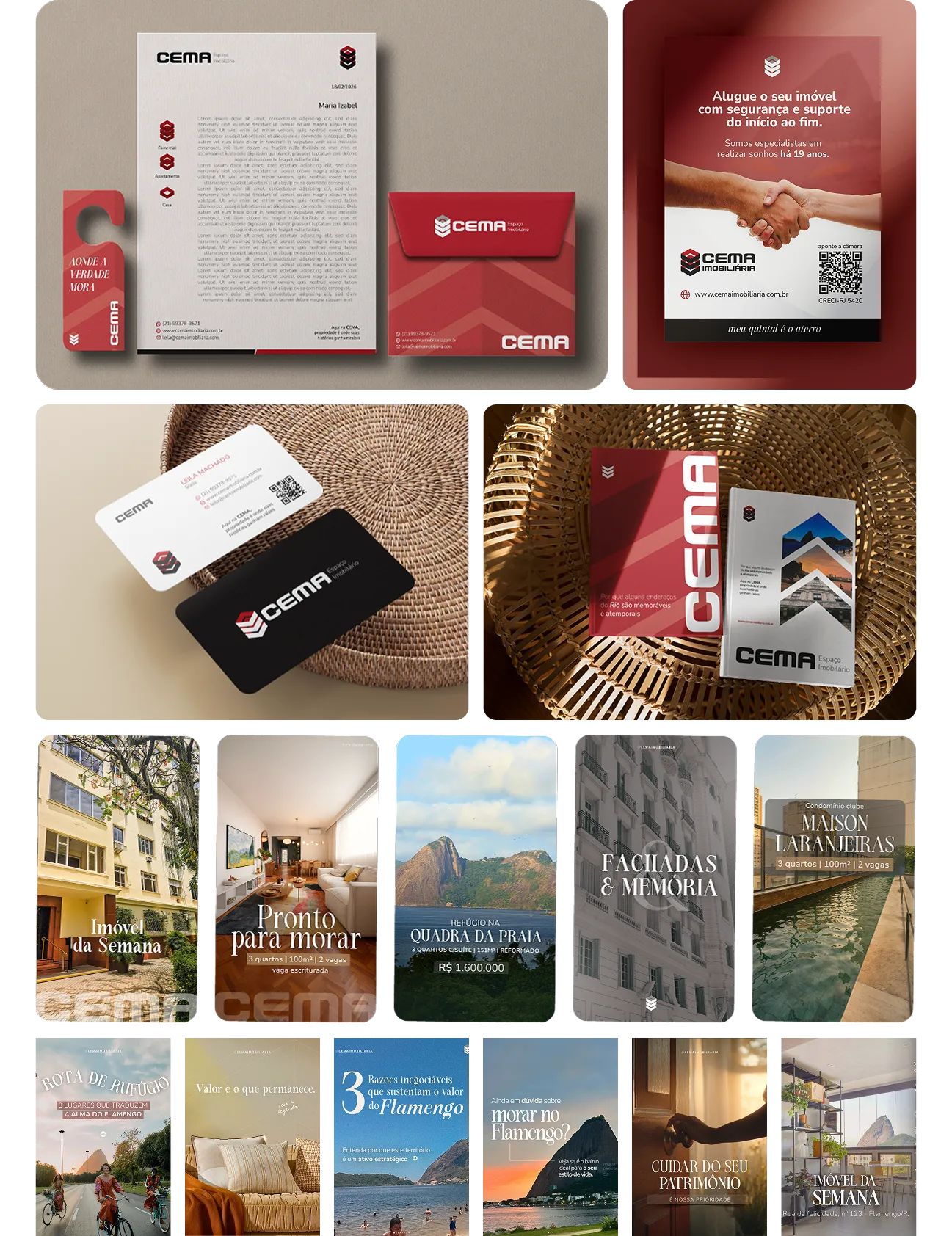 Aplicações da marca CEMA: papelaria, cartões, flyer, materiais impressos e posts do Instagram