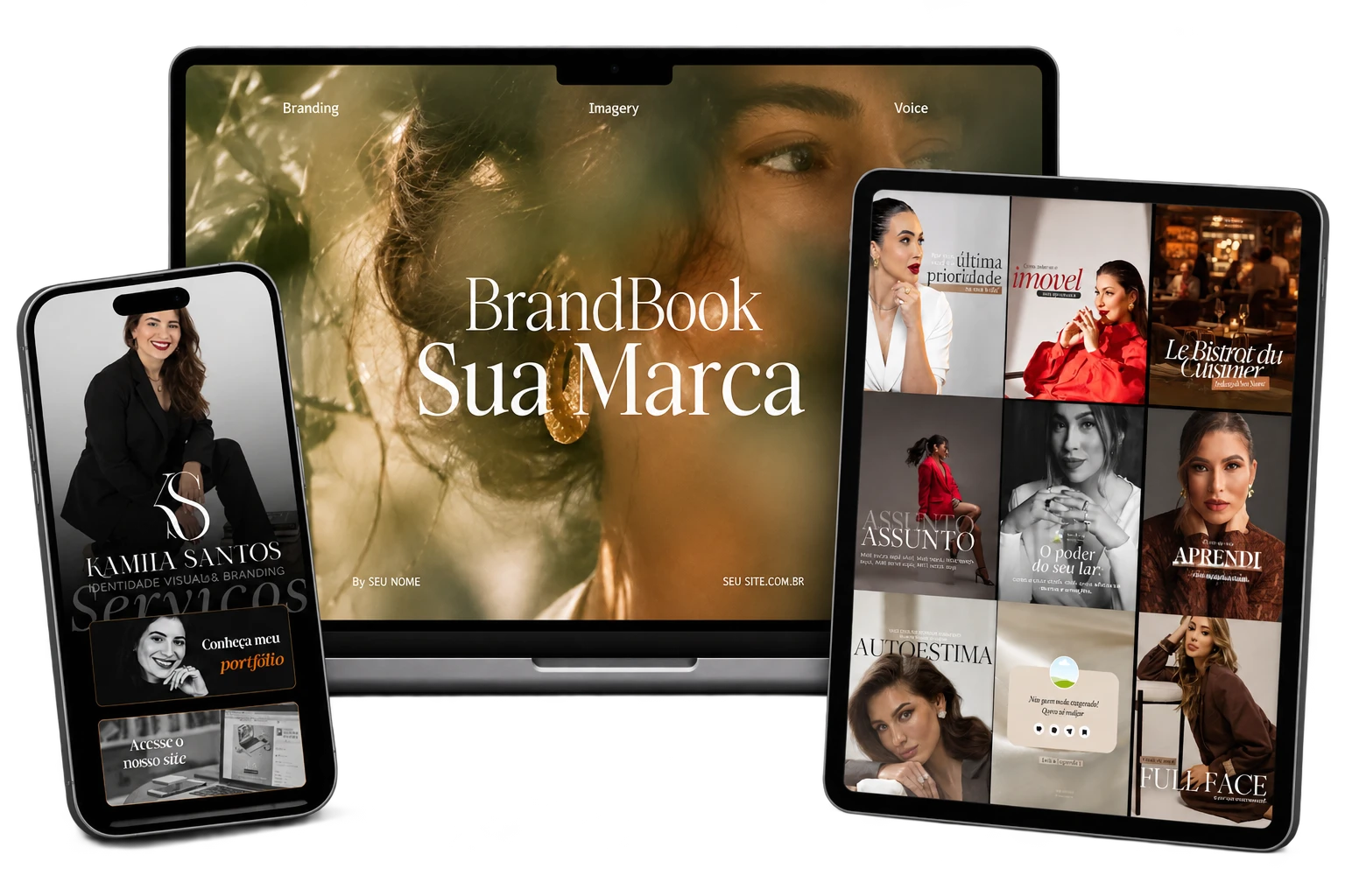Brandbook, mini site e templates exibidos em notebook, celular e tablet